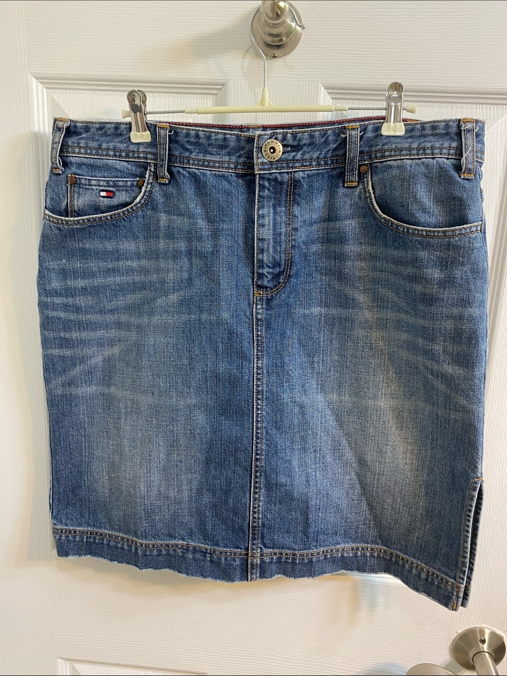 Vintage Y2K Tommy Hilfiger Women's Jean Skirt Blue Size 12 Above Knee Side Slits